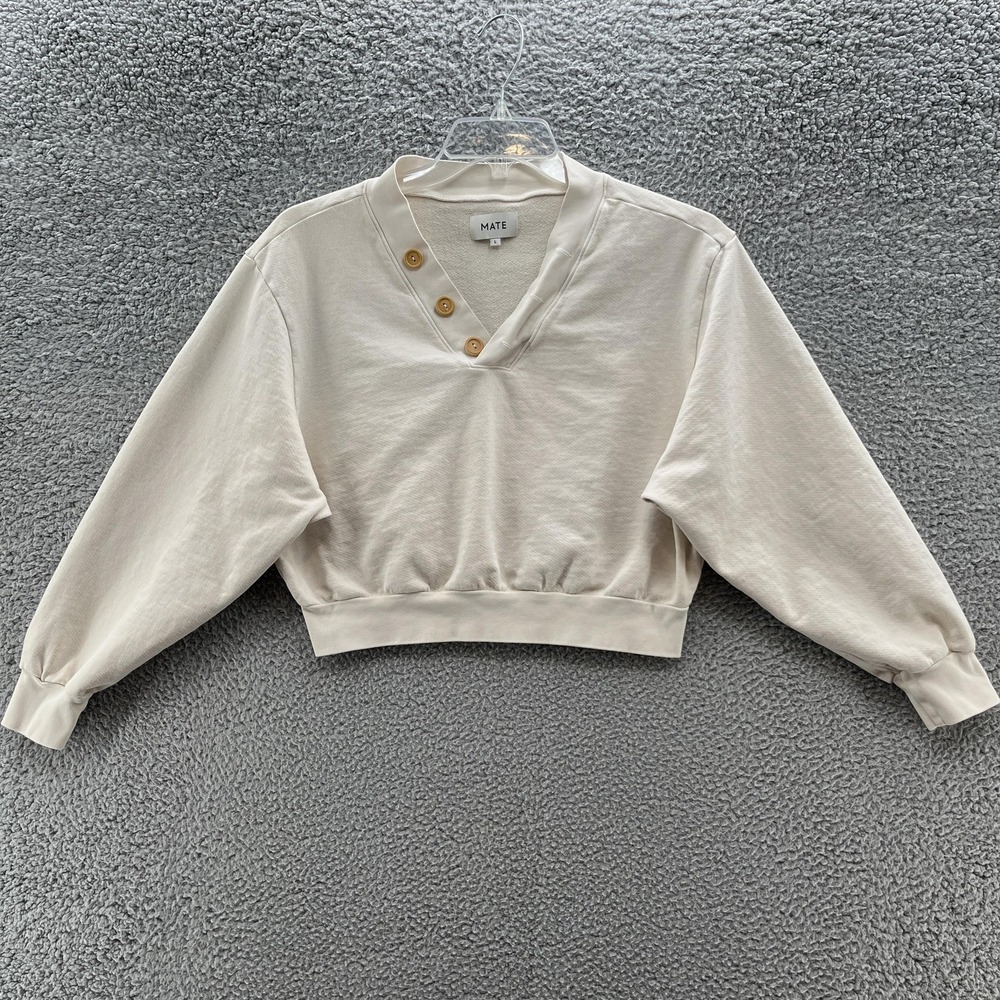 MATE Sweatshirt Womens Large Cream Cropped V Neck Henley Organic Cotton USA